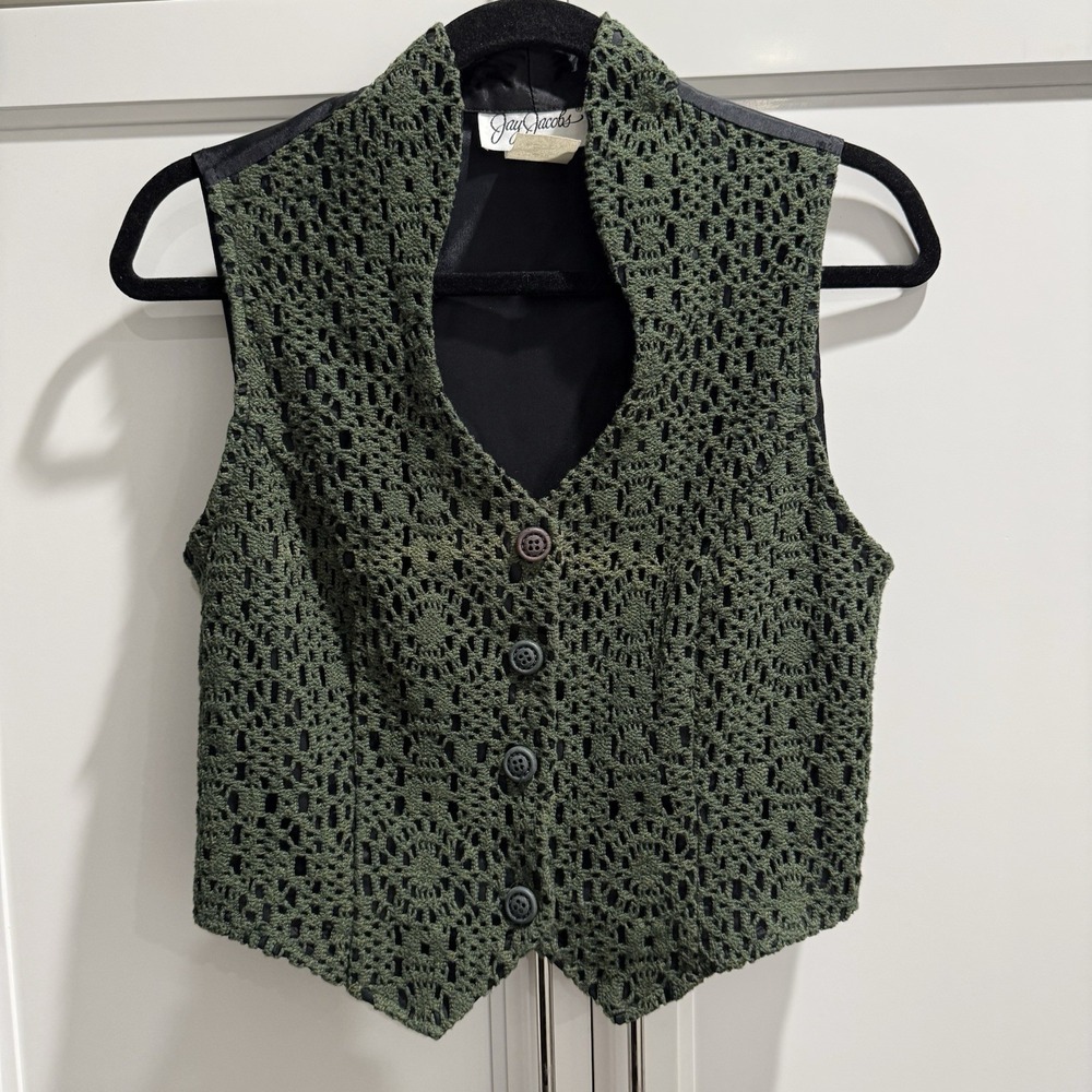 USA VINTAGE 90s JAY JACOBS Olive Green Lined Crochet Vest